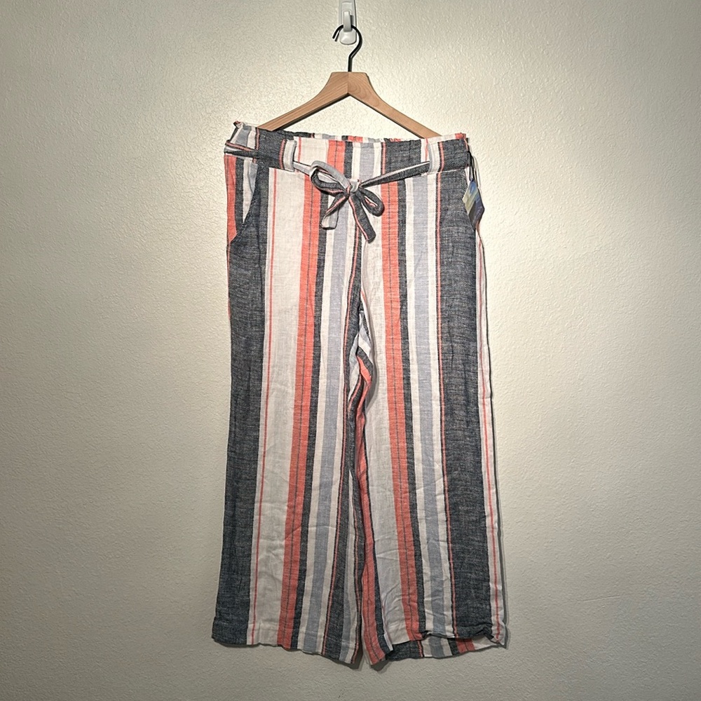 Women’s striped linen pants with pockets and waist tie